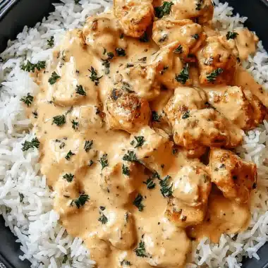 Amazing One-Pan Smothered Chicken and Rice 3 Top-down view of a comforting bowl of creamy, herb-infused smothered chicken and rice, garnished with fresh parsley.
