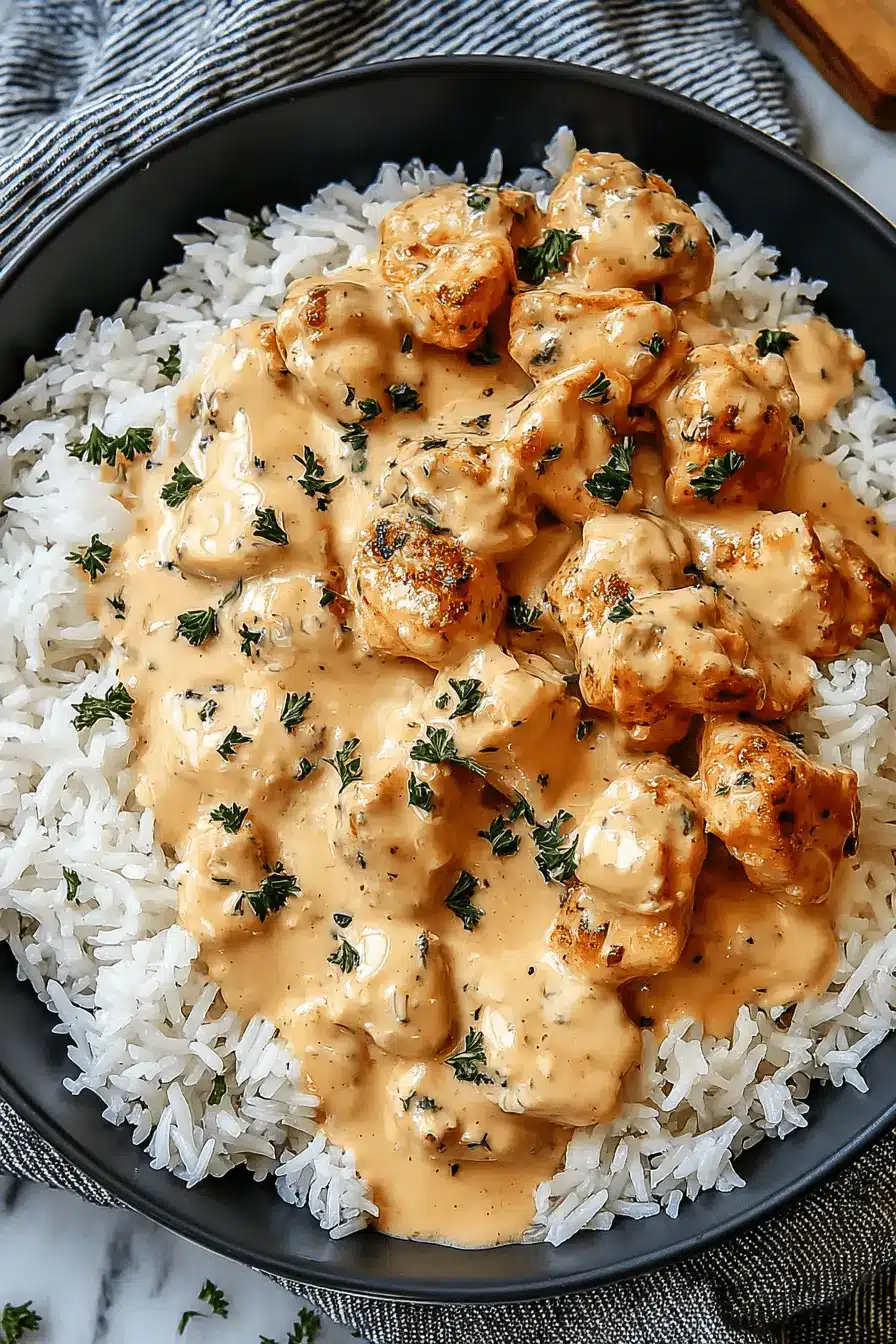 Amazing One-Pan Smothered Chicken and Rice 2 Top-down view of a comforting bowl of creamy, herb-infused smothered chicken and rice, garnished with fresh parsley.