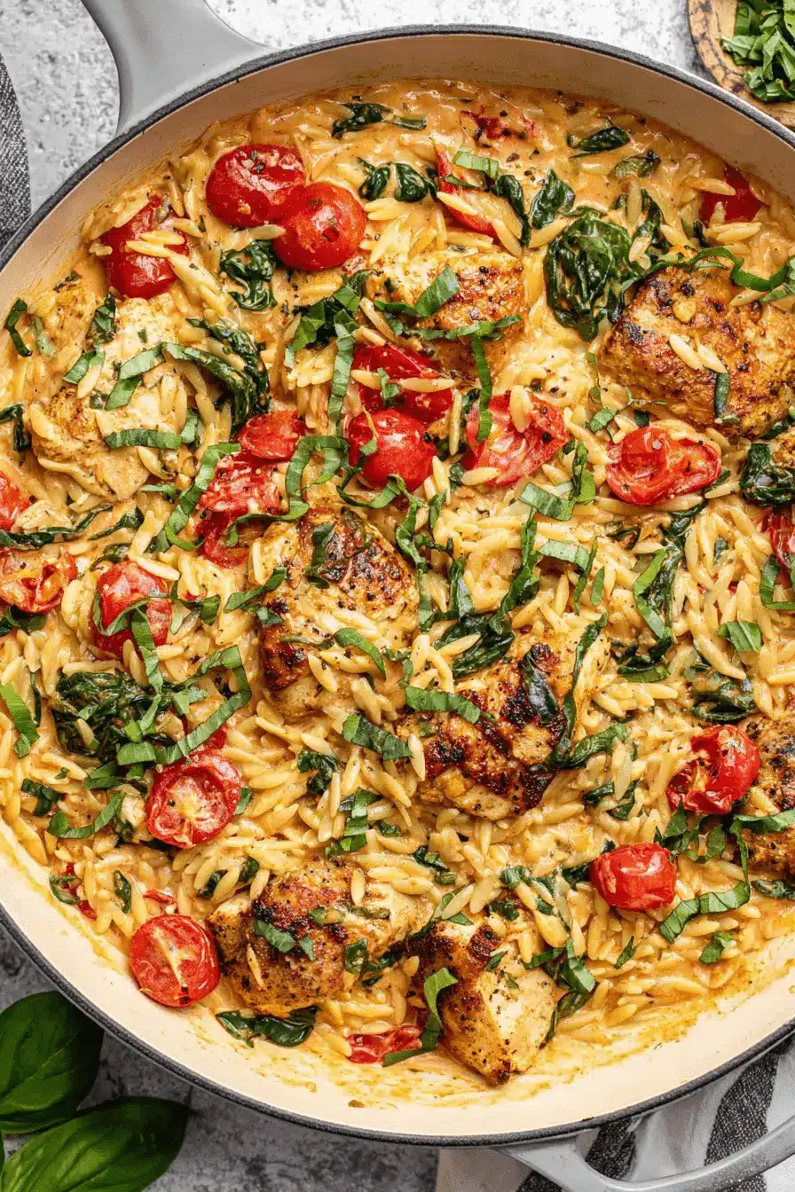 The Ultimate One-Pan Creamy Chicken Orzo 2 Creamy skillet chicken orzo dish with pan-seared chicken, spinach, and fresh basil garnish.