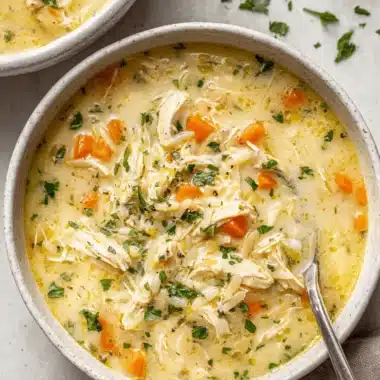 Simple & Amazing Lemon Chicken Orzo Soup 3 Creamy, rich lemon chicken orzo soup served in a rustic ceramic bowl and garnished with fresh parsley and cracked pepper.