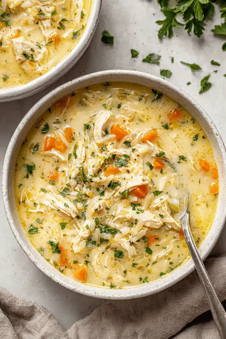 Simple & Amazing Lemon Chicken Orzo Soup 2 Creamy, rich lemon chicken orzo soup served in a rustic ceramic bowl and garnished with fresh parsley and cracked pepper.
