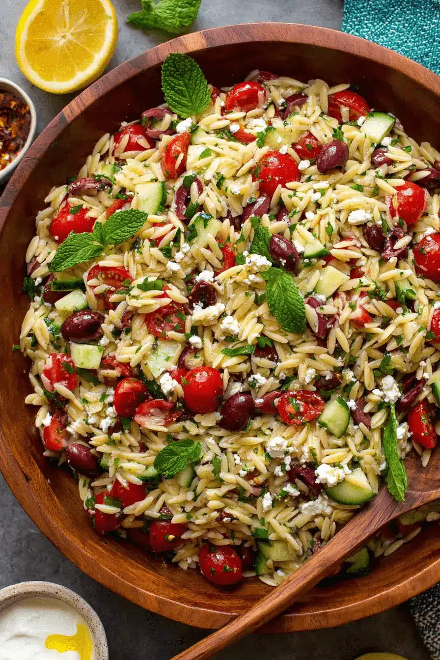 Vibrant Greek Orzo Salad: Simple & Flavorful 2 Overhead close-up of a vibrant greek orzo salad in a rustic wooden bowl with feta, Kalamata olives, and fresh mint.
