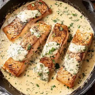 Amazing Boursin Salmon: Quick & Creamy Dinner 3 Pan-seared boursin salmon fillets in a creamy parsley sauce within a dark cast-iron skillet.