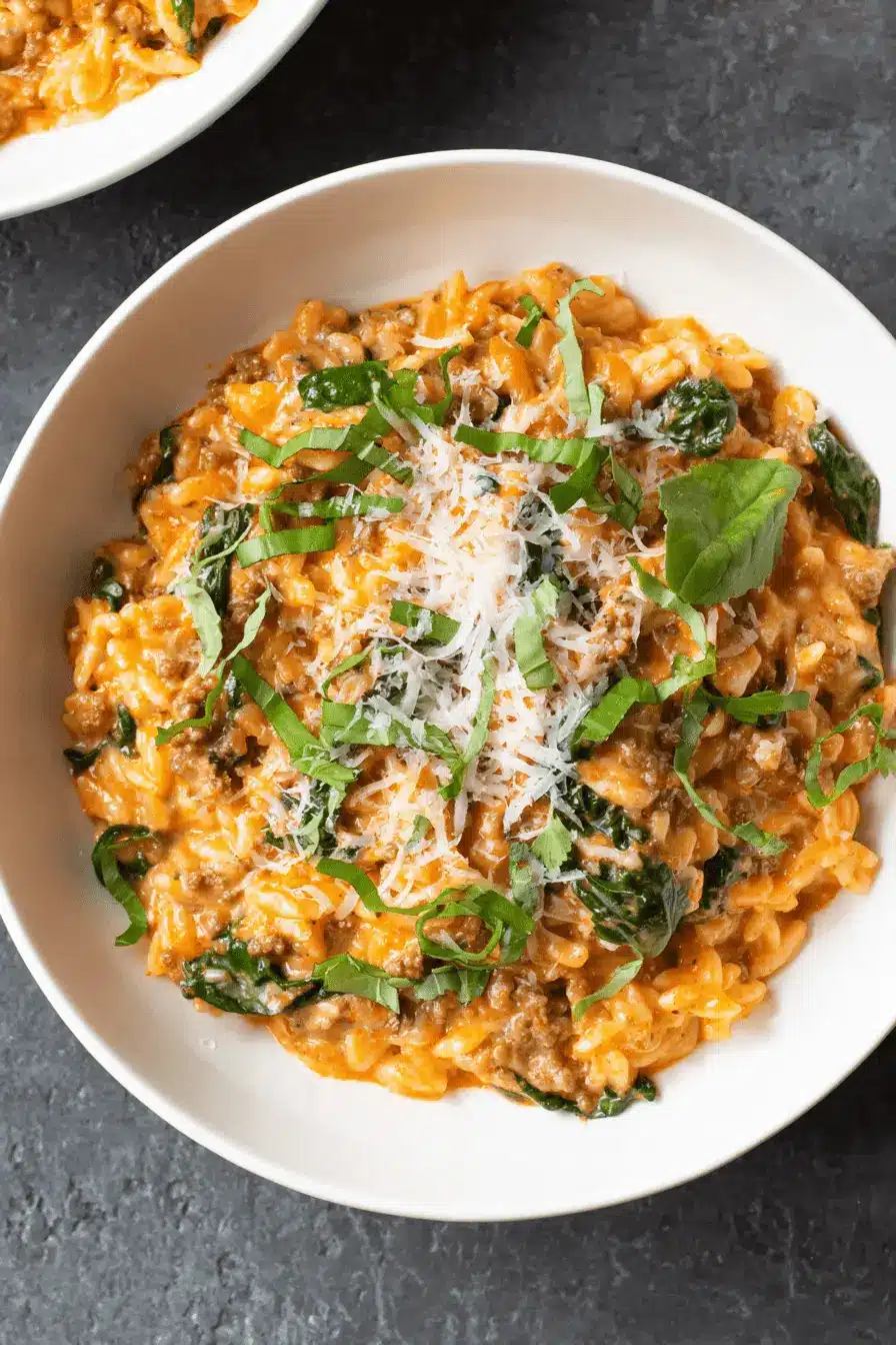Sensational Ground Beef Orzo with Tomato Cream Sauce 2 Overhead close-up of a white bowl filled with creamy ground beef orzo with tomato cream sauce, garnished with Parmesan and fresh basil.