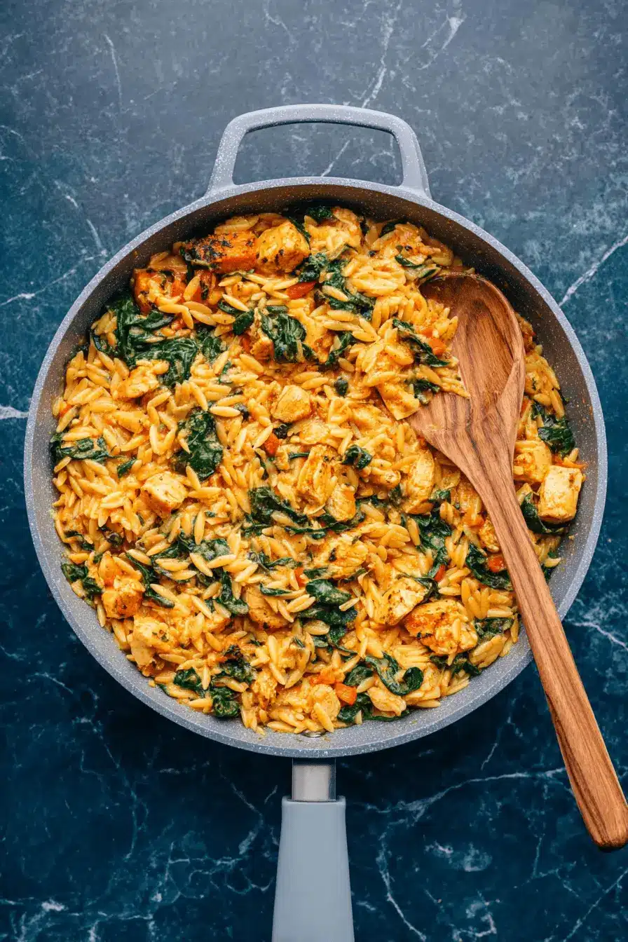 Amazing One-Pot Creamy Cajun Chicken Orzo 2 Creamy cajun chicken orzo dish with spinach and red bell peppers cooked in a gray non-stick skillet.