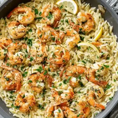 Ultimate One-Pan Shrimp Scampi Orzo 4 Close-up of creamy, lemon-infused shrimp scampi orzo garnished with fresh parsley in a rustic gray skillet.