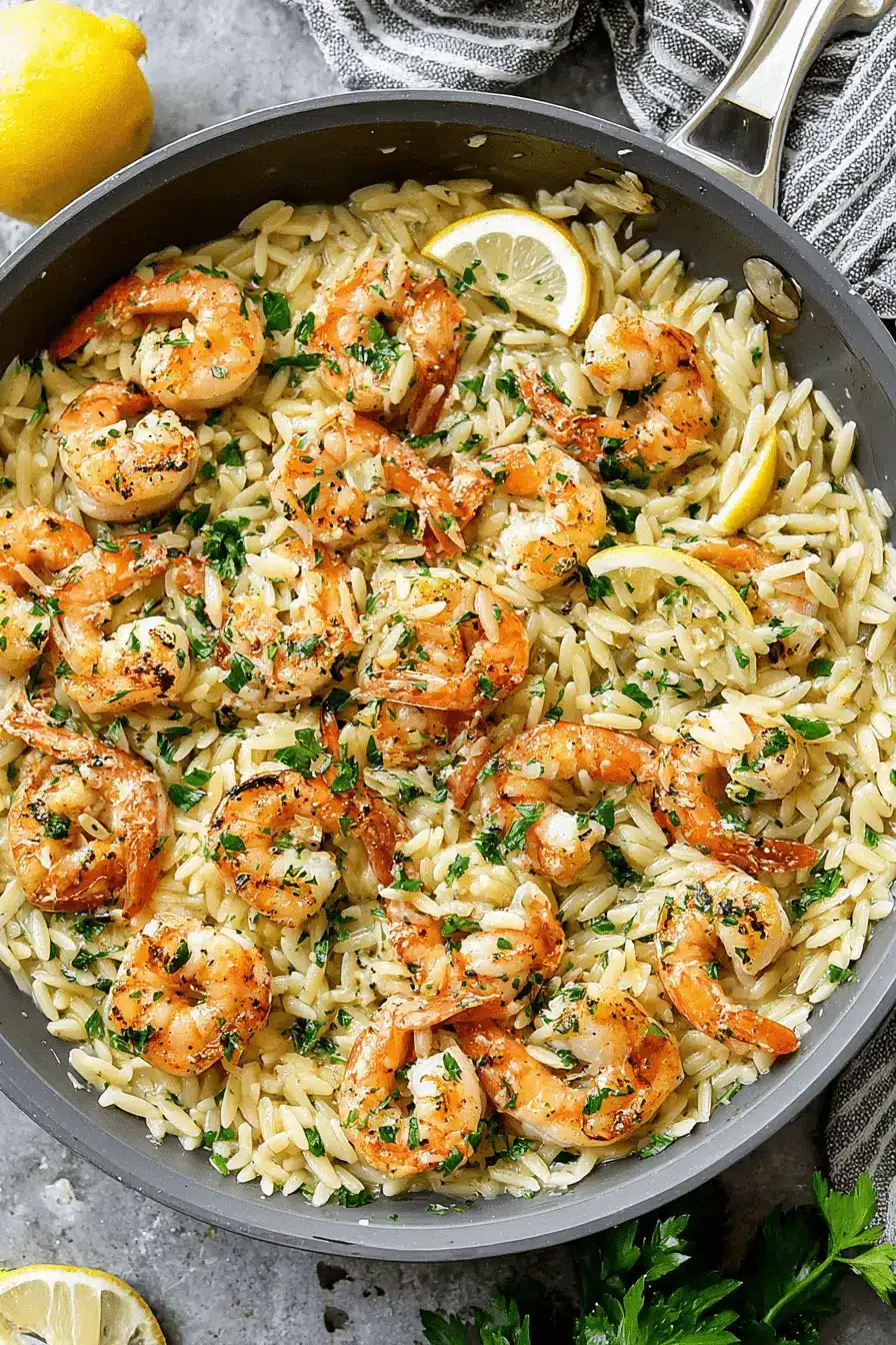 Ultimate One-Pan Shrimp Scampi Orzo 2 Close-up of creamy, lemon-infused shrimp scampi orzo garnished with fresh parsley in a rustic gray skillet.