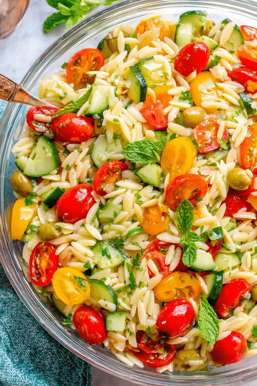 Amazing Orzo Pasta Salad: Easy & Flavorful Recipe 2 Vibrant orzo pasta salad in a clear glass bowl, featuring cherry tomatoes, cucumbers, olives, and fresh herbs, ready to be served.