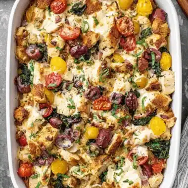 Amazing Chicken Orzo Casserole: Easy Weeknight Meal 4 Top-down photo of a savory baked chicken orzo casserole garnished with fresh basil, showing the melted cheese and toasted bread topping.