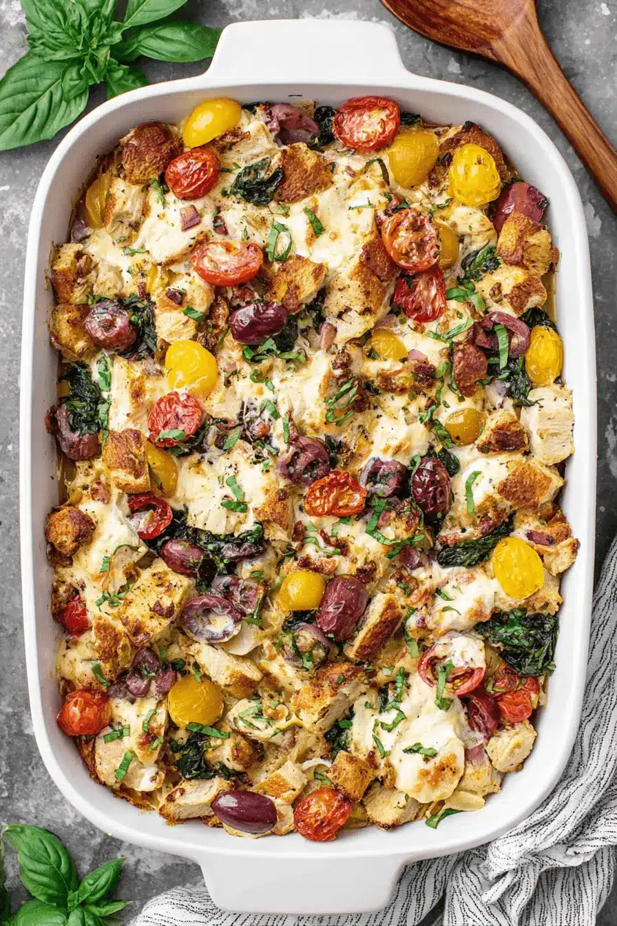 Amazing Chicken Orzo Casserole: Easy Weeknight Meal 2 Top-down photo of a savory baked chicken orzo casserole garnished with fresh basil, showing the melted cheese and toasted bread topping.
