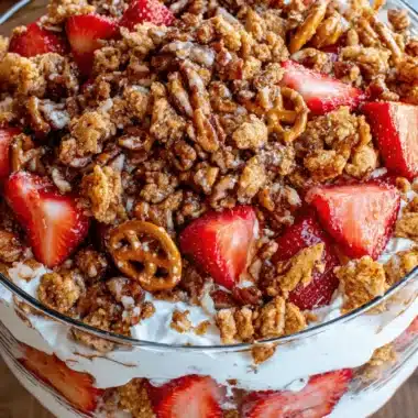 Easy Strawberry Crackle Salad Recipe 4 Close-up view of a vibrant, layered strawberry crackle salad dessert served in an elegant glass trifle bowl, showcasing the crunchy pretzel and nut topping.