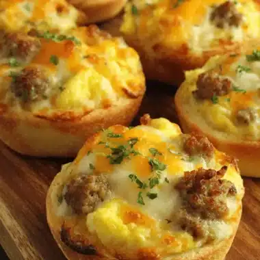 Amazing English Muffin Breakfast Pizza Recipe 3 Close-up of individual english muffin breakfast pizza servings topped with scrambled eggs, sausage, and melted cheddar cheese on a rustic wooden board.