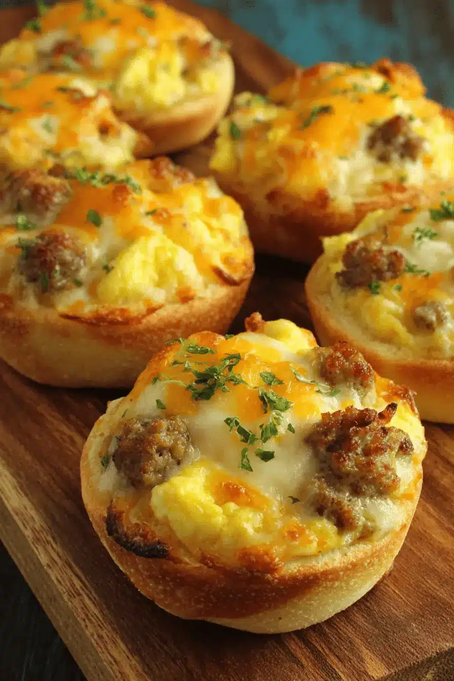 Amazing English Muffin Breakfast Pizza Recipe 2 Close-up of individual english muffin breakfast pizza servings topped with scrambled eggs, sausage, and melted cheddar cheese on a rustic wooden board.
