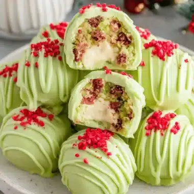 Magic Grinch Oreo Truffles: Easy Holiday Treat 3 Overhead view of festive, pale green grinch oreo truffles sprinkled with red garnish, highlighting the creamy yellow center of the sliced truffles.