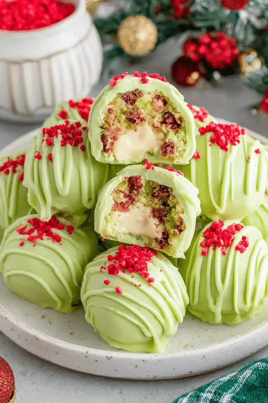 Magic Grinch Oreo Truffles: Easy Holiday Treat 2 Overhead view of festive, pale green grinch oreo truffles sprinkled with red garnish, highlighting the creamy yellow center of the sliced truffles.