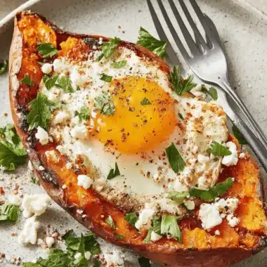 Amazing Sweet Potato Breakfast Hash 4 Halved baked sweet potato breakfast bowl topped with a runny fried egg, crumbled feta, and fresh parsley.