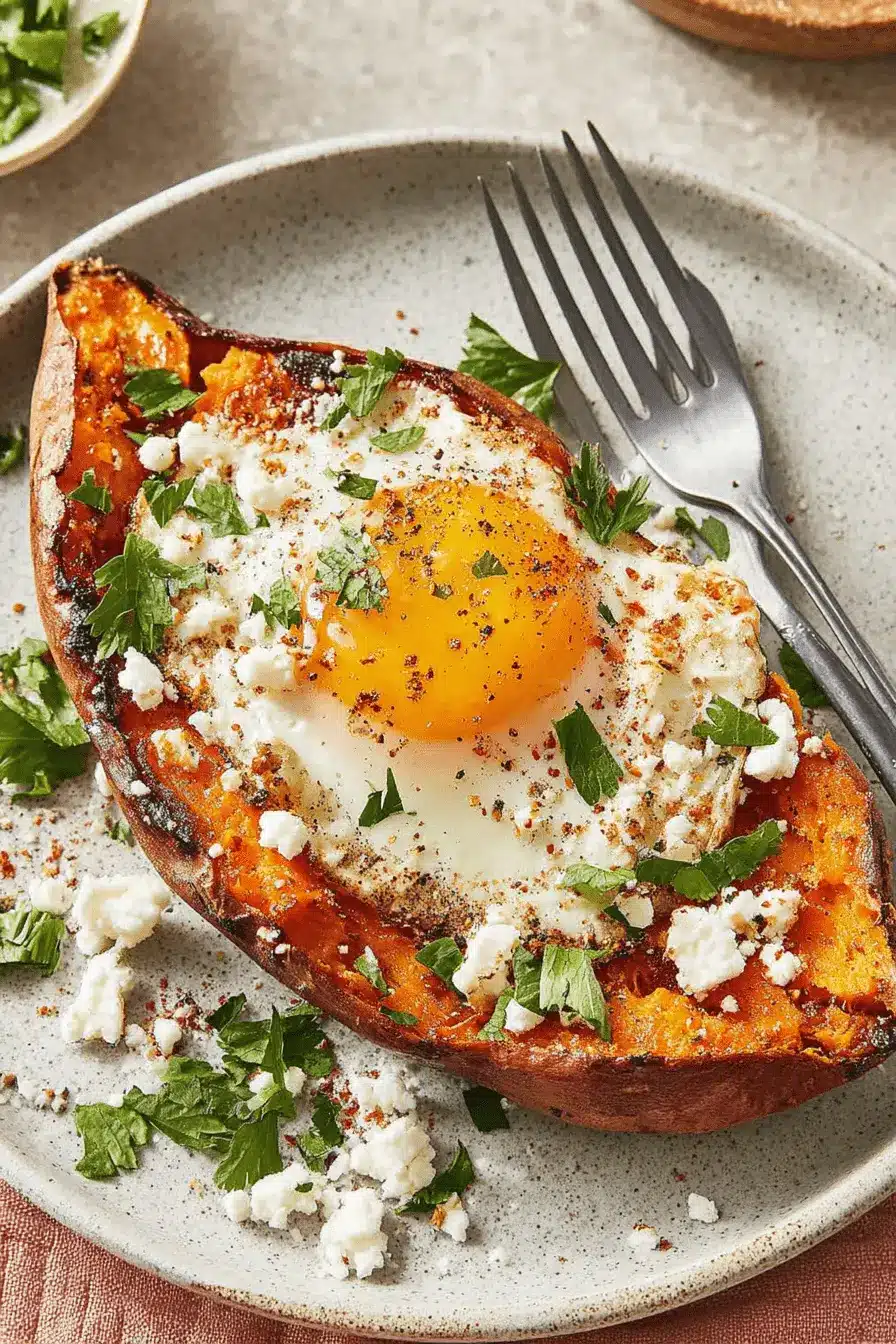Amazing Sweet Potato Breakfast Hash 2 Halved baked sweet potato breakfast bowl topped with a runny fried egg, crumbled feta, and fresh parsley.
