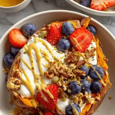 The Ultimate Sweet Potato Breakfast Bowl 3 Delicious sweet potato breakfast bowl topped with yogurt, strawberries, blueberries, nuts, and a peanut butter swirl.