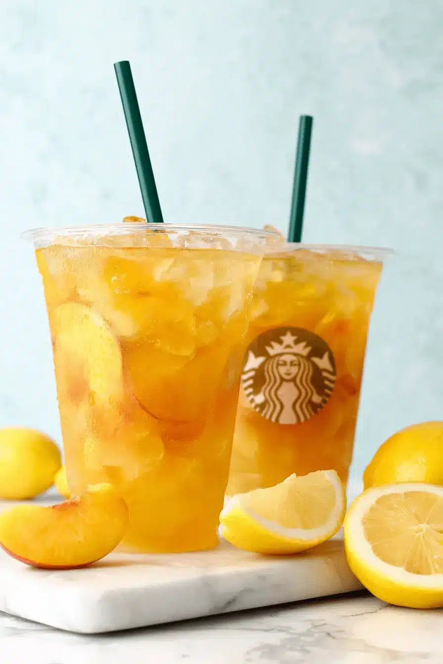 Simple Starbucks Peach Green Tea Lemonade Recipe 2 Two cold Starbucks Peach Green Tea Lemonade drinks with fresh peach slices and lemon garnishes on a marble surface.