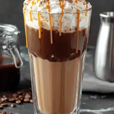 Sensational Peanut Butter Coffee in Just 2 Minutes! 4 Decadent, layered iced drink featuring whipped cream and caramel, perfect for a luxurious peanut butter coffee creation.