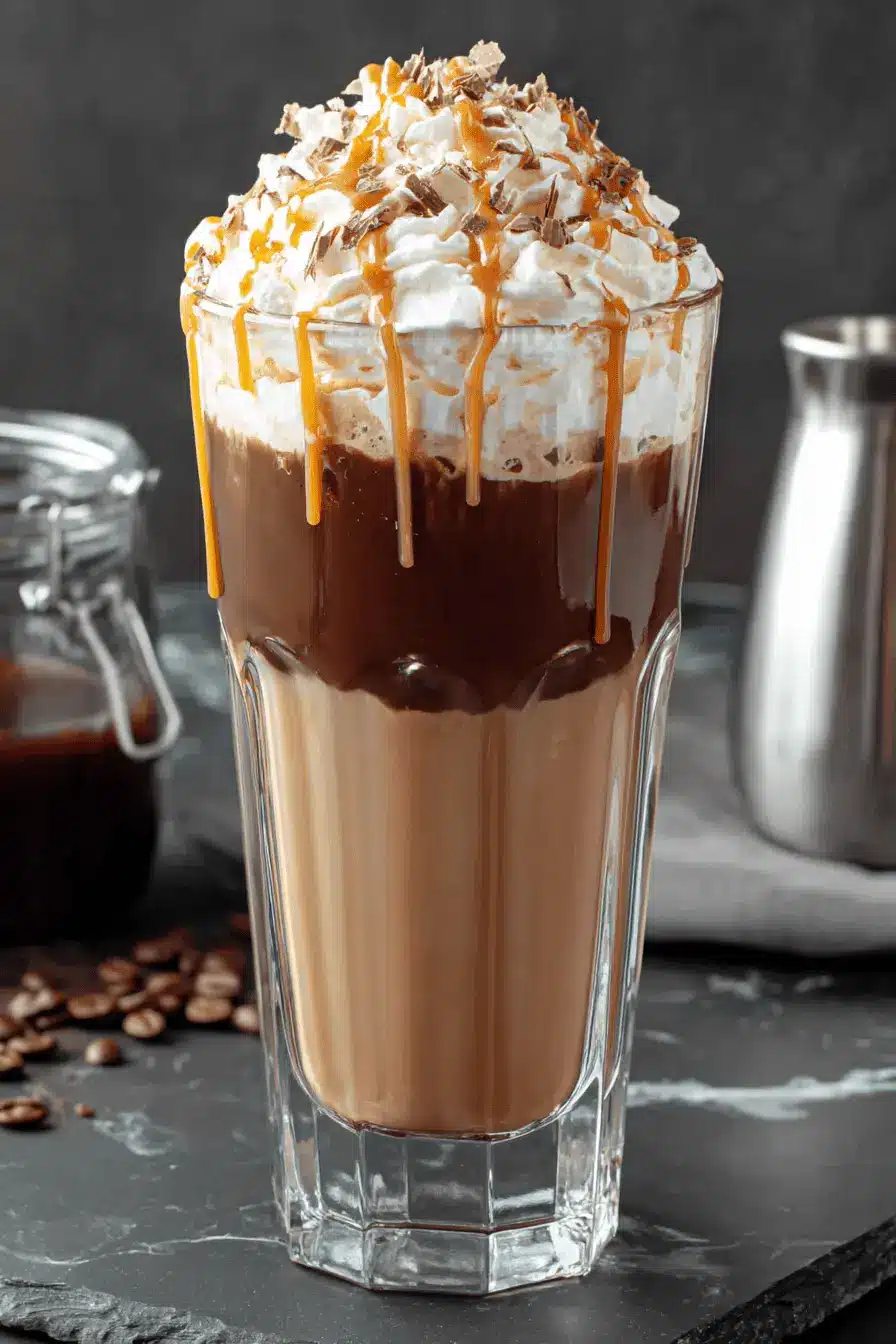 Sensational Peanut Butter Coffee in Just 2 Minutes! 2 Decadent, layered iced drink featuring whipped cream and caramel, perfect for a luxurious peanut butter coffee creation.