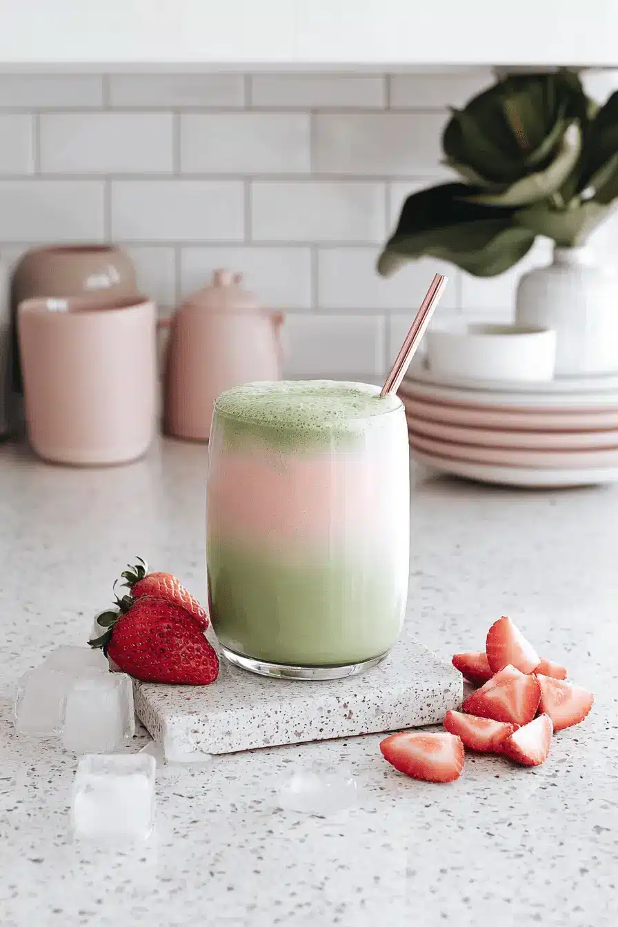 Easy & Beautiful Strawberry Matcha Milk 2 Layered Strawberry matcha Milk served in a clear glass with fresh strawberries and a reusable rose-gold straw on a bright kitchen counter.