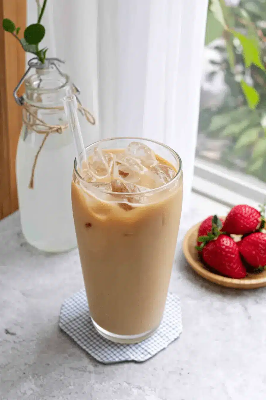 The Ultimate Milk Tea Recipe for Perfect Homemade Sips 2 Close-up of a refreshing iced milk tea beverage served in a tall glass, complemented by fresh ripe strawberries and natural daylight.