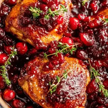 Amazing 5-Minute Prep Cranberry Chicken 4 Golden-brown cranberry chicken thighs in a glossy sauce with whole red cranberries and fresh thyme.