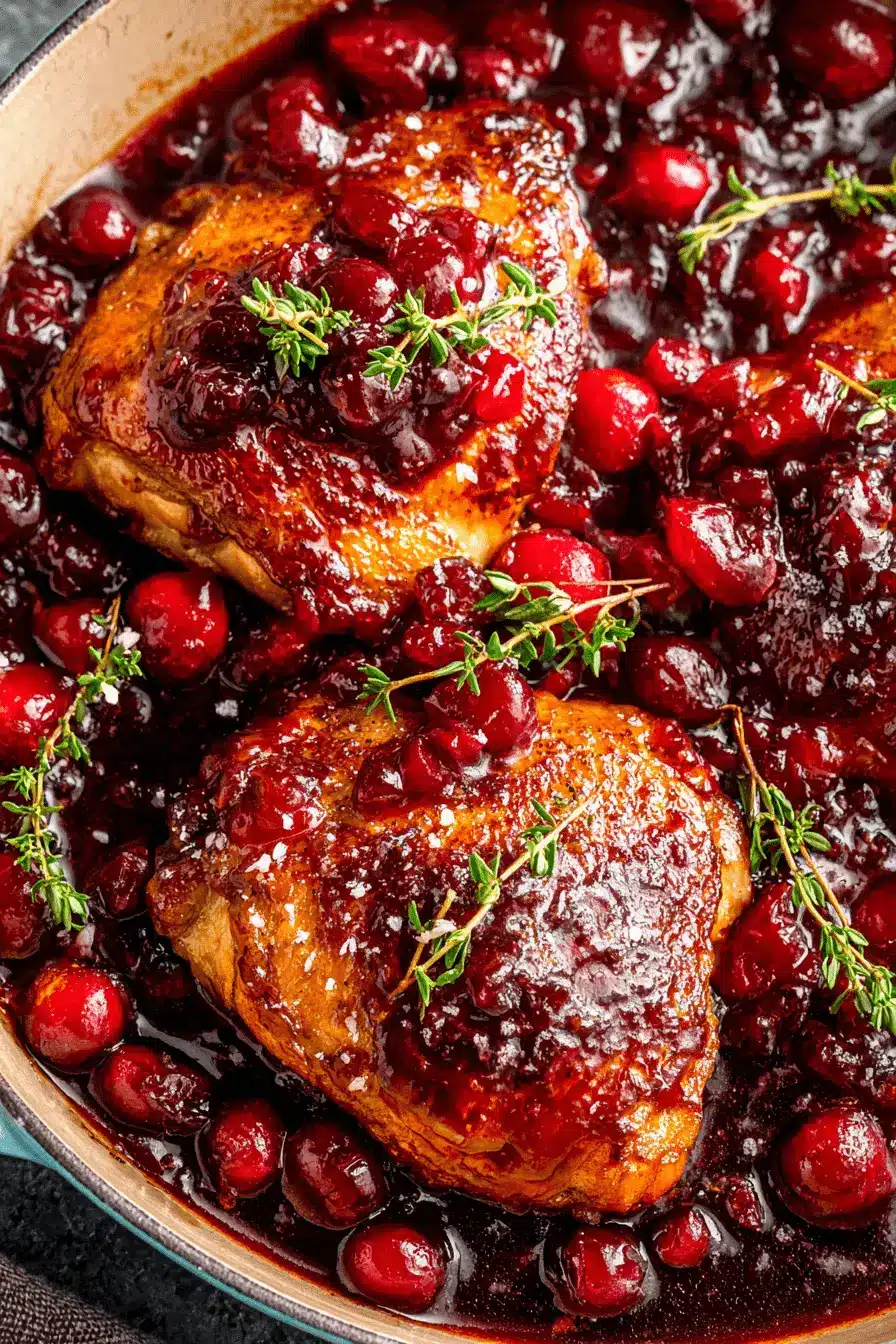 Amazing 5-Minute Prep Cranberry Chicken 2 Golden-brown cranberry chicken thighs in a glossy sauce with whole red cranberries and fresh thyme.