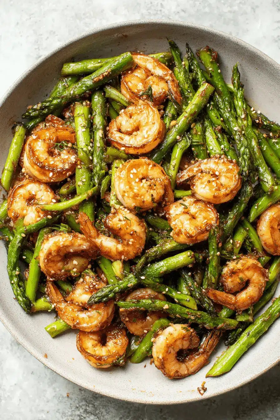 Ultimate Shrimp and Asparagus Stir Fry 2 Plump, glossy, pan-seared shrimp and asparagus stir fry coated in a savory dark sauce and topped with sesame seeds in a rustic bowl.