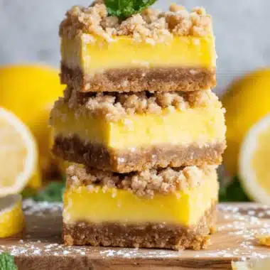Vibrant Lemon Crumb Bars for a Refreshing Treat 4 A stack of three homemade lemon crumb bars dusted with powdered sugar, garnished with mint, and presented on a rustic wooden board.