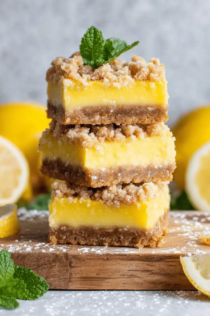 Vibrant Lemon Crumb Bars for a Refreshing Treat 2 A stack of three homemade lemon crumb bars dusted with powdered sugar, garnished with mint, and presented on a rustic wooden board.