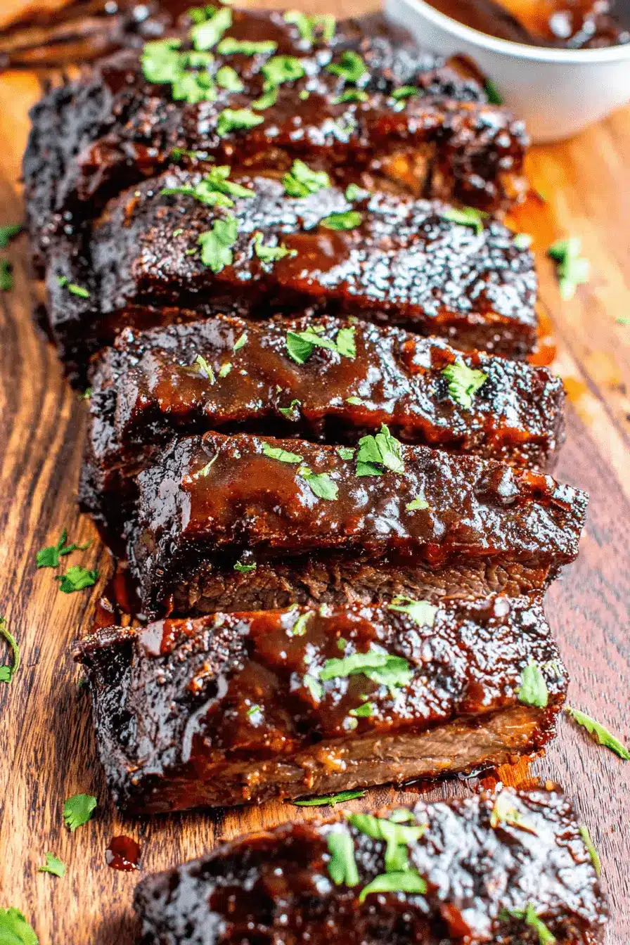 Ultimate Slow Cooker Beef Brisket Recipe 2 Overhead shot of deeply sauced, sliced beef on a rustic cutting board, showcasing the tenderness achieved by a perfect slow cooker beef brisket recipe.