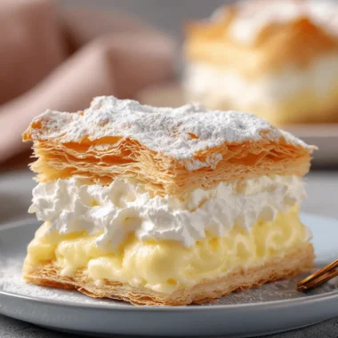 The Ultimate Vanilla Custard Cream Squares 3 Close-up of golden-brown puff pastry layered with creamy vanilla custard cream squares and whipped topping, dusted with powdered sugar on a blue plate.