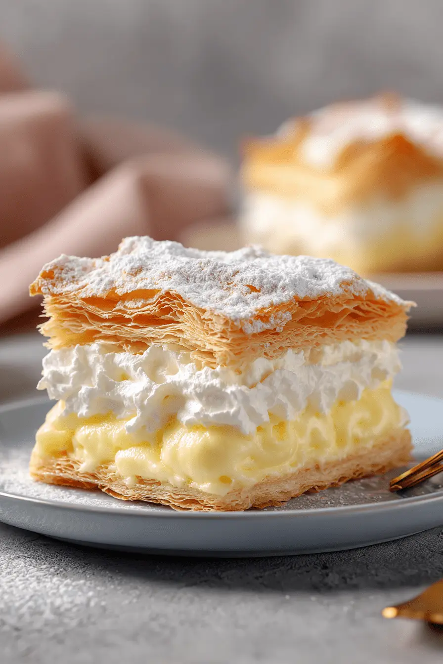 The Ultimate Vanilla Custard Cream Squares 2 Close-up of golden-brown puff pastry layered with creamy vanilla custard cream squares and whipped topping, dusted with powdered sugar on a blue plate.