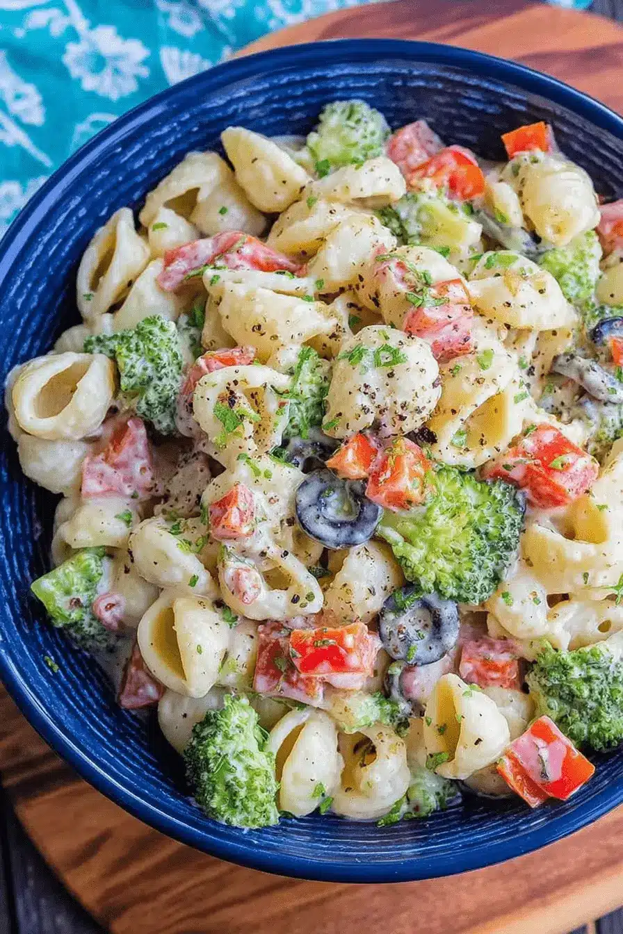 Amazing Creamy Pasta Salad: Your New Favorite Dish 2 Delicious Creamy Pasta Salad with shell pasta, broccoli, tomatoes, and black olives in a dark blue bowl.