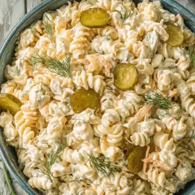 Amazing Dill Pickle Pasta Salad: Creamy & Quick 3 A rustic, top-down view of a creamy rotini dill pickle pasta salad served in a dark blue ceramic bowl, garnished with fresh dill and extra pickle slices.