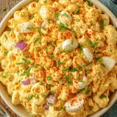 Amazing Deviled Egg Pasta Salad Recipe 3 Top-down view of creamy deviled egg pasta salad with elbow macaroni, chives, and paprika in a ceramic bowl on a rustic wood table.