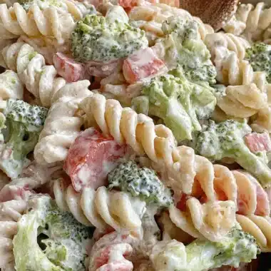 Ultimate Ranch Pasta Salad: Easy Potluck Perfection 3 Creamy rotini ranch pasta salad in a white bowl with vibrant broccoli, tomato chunks, and a wooden serving spoon.