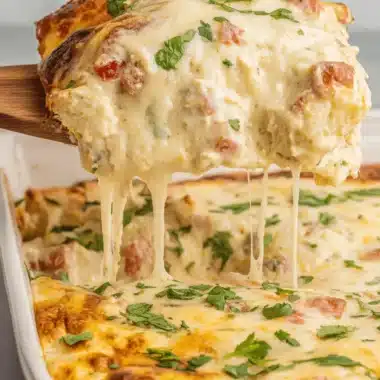 Amazing White Queso Chicken Enchiladas 3 Eye-level shot of creamy white queso chicken enchiladas being served, with melted cheese stretching appealingly.