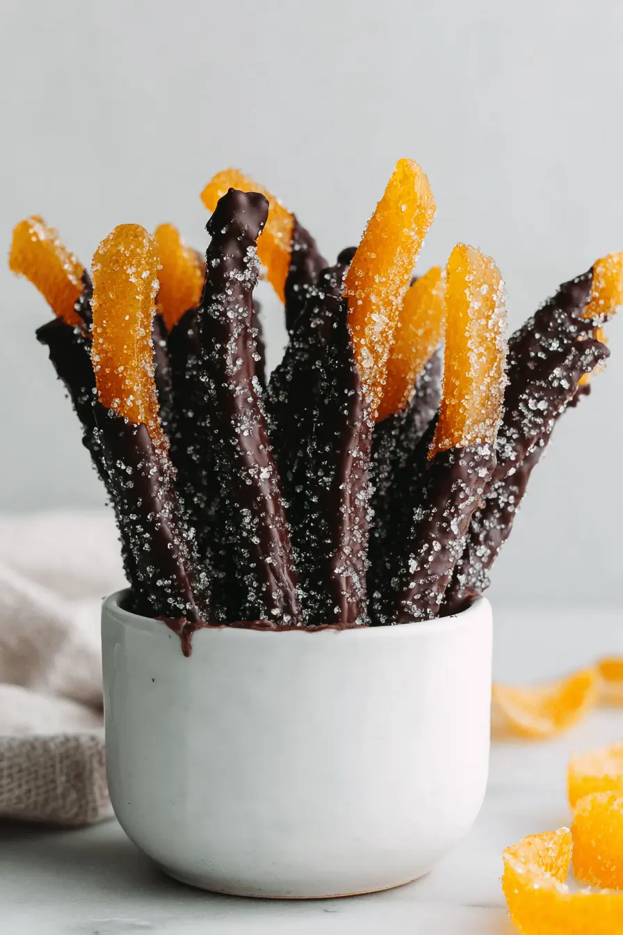 Amazing Homemade Chocolate Covered Orange Peel 2 Artful display of gourmet chocolate covered orange peel strips standing upright in a white ceramic cup.