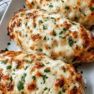 The Ultimate Garlic Parmesan Chicken Meatloaf 4 Top-down view of herb-crusted, cheesy chicken breasts on a platter, representing a savory serving of garlic parmesan chicken meatloaf.