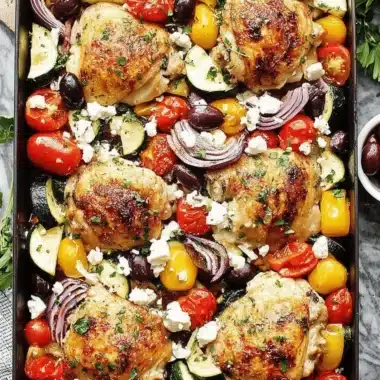 Ultimate Sheet Pan Chicken for Quick Dinners 3 A colorful, golden-brown Mediterranean sheet pan chicken meal with roasted thighs, feta, olives, zucchini, and cherry tomatoes.