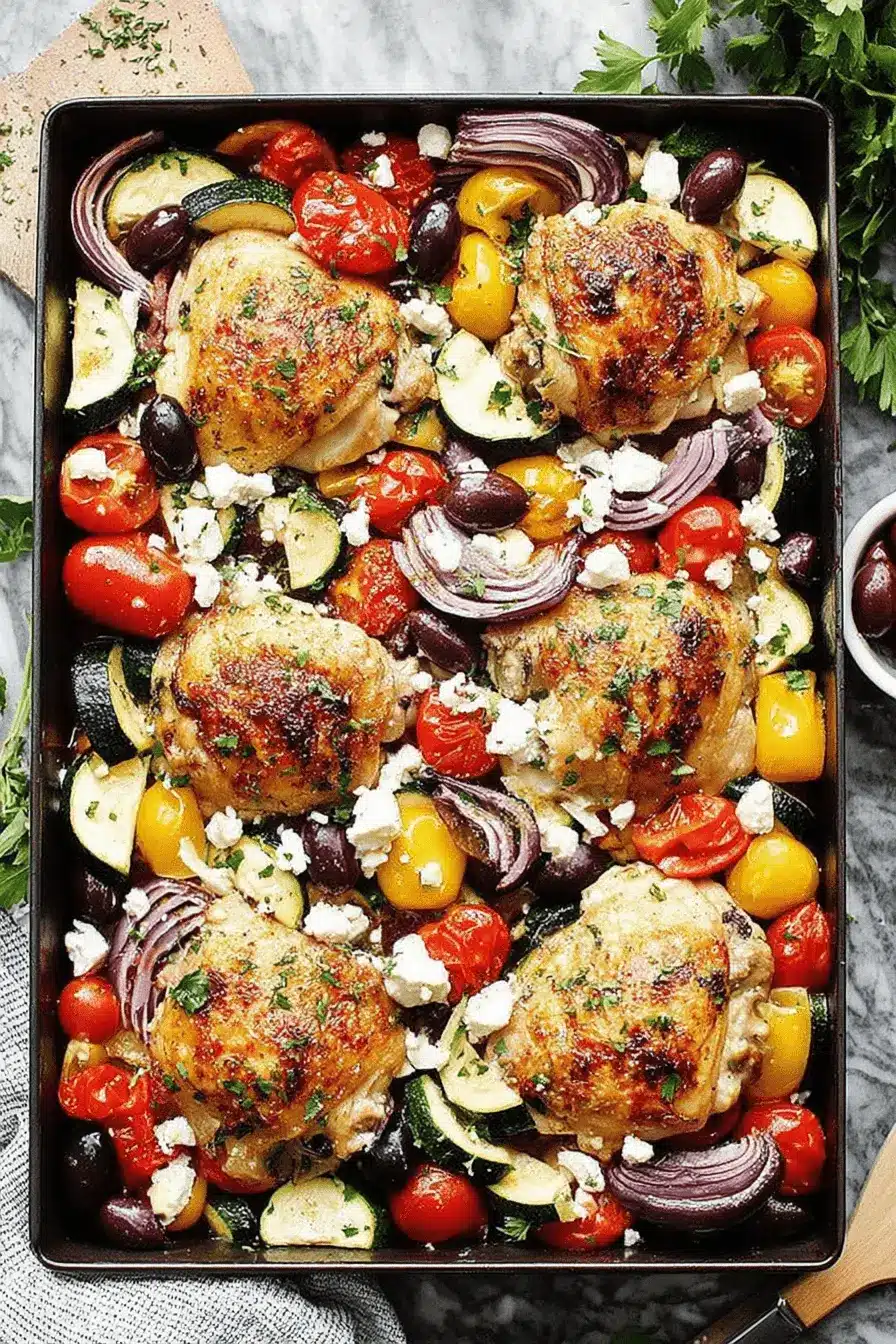 Ultimate Sheet Pan Chicken for Quick Dinners 2 A colorful, golden-brown Mediterranean sheet pan chicken meal with roasted thighs, feta, olives, zucchini, and cherry tomatoes.