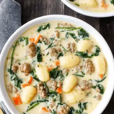 Wonderful Sausage Gnocchi Soup: Quick & Easy Meal 3 Overhead view of two white bowls of creamy Sausage Gnocchi Soup with spinach and carrots on a dark wooden background.