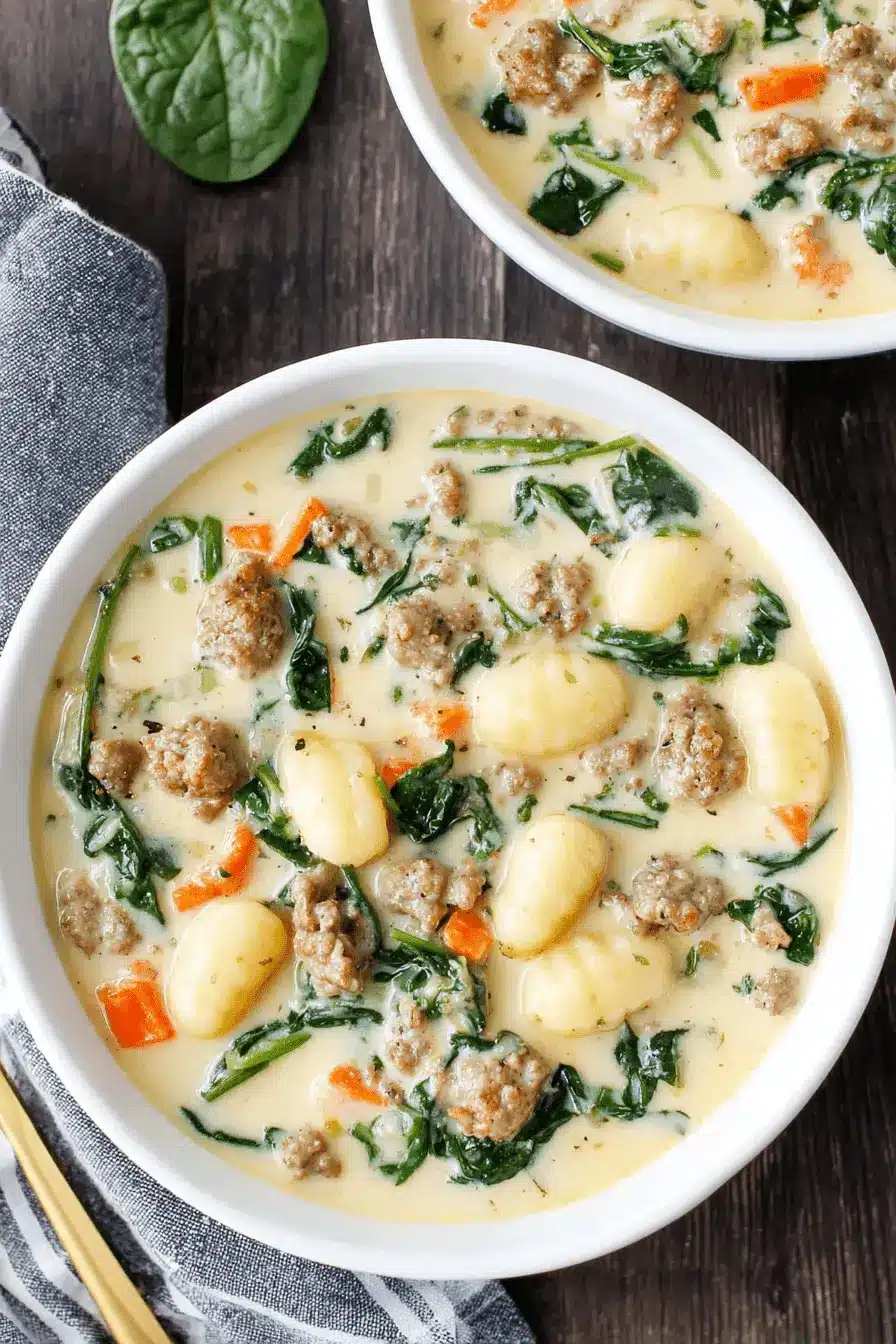 Wonderful Sausage Gnocchi Soup: Quick & Easy Meal 2 Overhead view of two white bowls of creamy Sausage Gnocchi Soup with spinach and carrots on a dark wooden background.