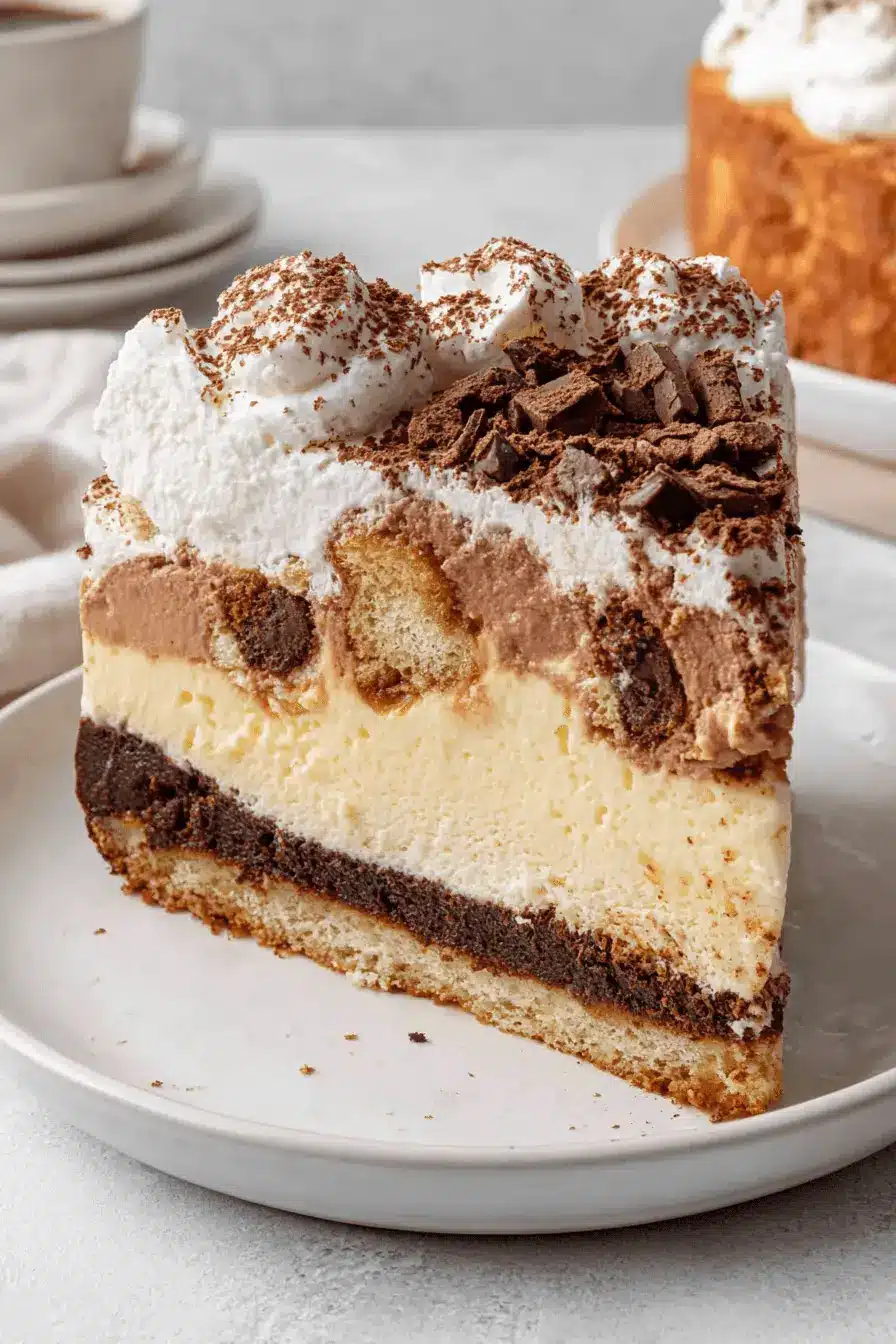 Ultimate No-Bake Tiramisu Cheesecake 2 Decadent slice of layered tiramisu cheesecake topped with chocolate shavings and whipped cream on a white plate.