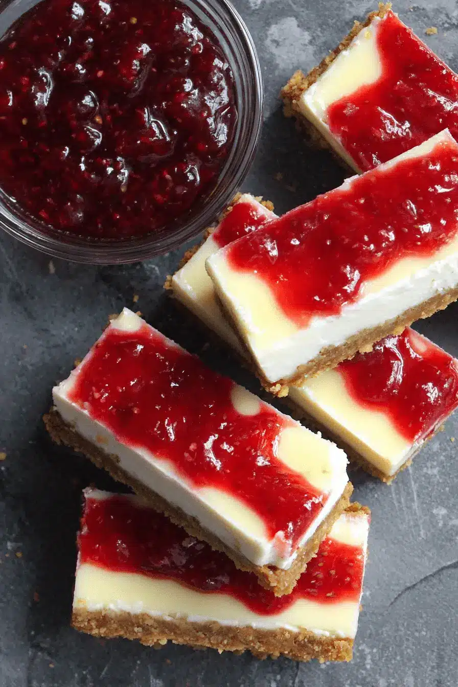 Foolproof Creamy Strawberry Cheesecake Bars 2 Close-up, top-down view of layered Creamy Strawberry Cheesecake Bars featuring a thick graham cracker crust and a vibrant red fruit swirl topping.