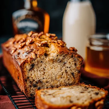 The Ultimate Honey Vanilla Banana Bread 4 Close-up of a rustic loaf of sliced honey vanilla banana bread with walnuts and a moist, golden-brown crumb on a black wire rack.