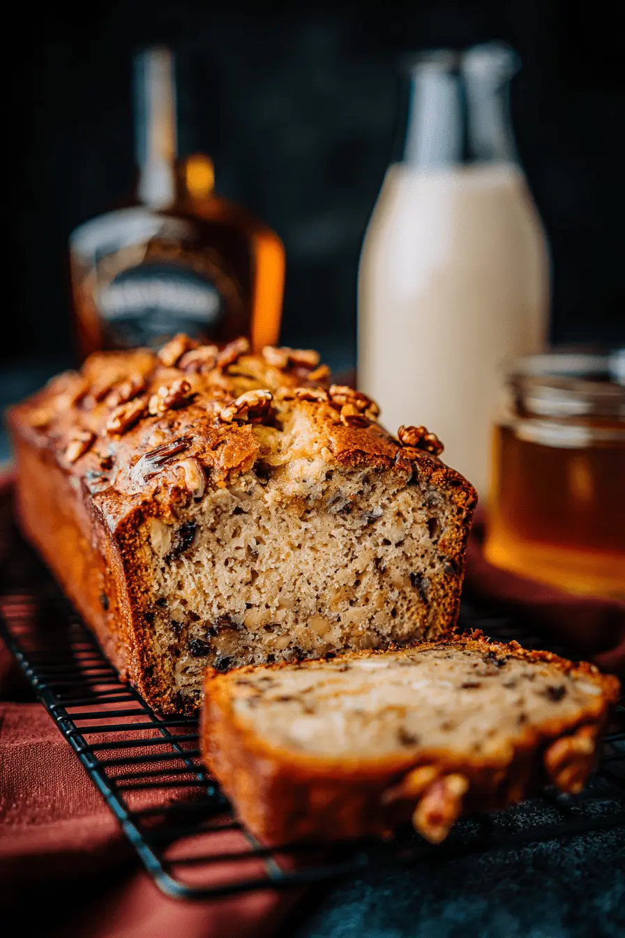 The Ultimate Honey Vanilla Banana Bread 2 Close-up of a rustic loaf of sliced honey vanilla banana bread with walnuts and a moist, golden-brown crumb on a black wire rack.